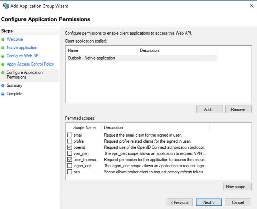 A screenshot that shows ADFS Add application group assistant. It shows the page to configure the Application permissions.