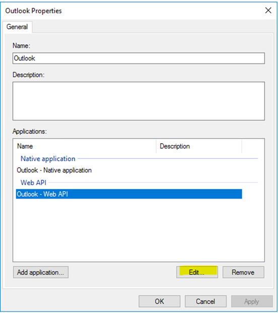 A screenshot that shows the ADFS application settings of an application with the name Outlook. The Edit button is selected.