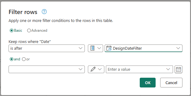 Screenshot of the Filter rows dialog with the DesignDateFilter as the parameter used as a filter.