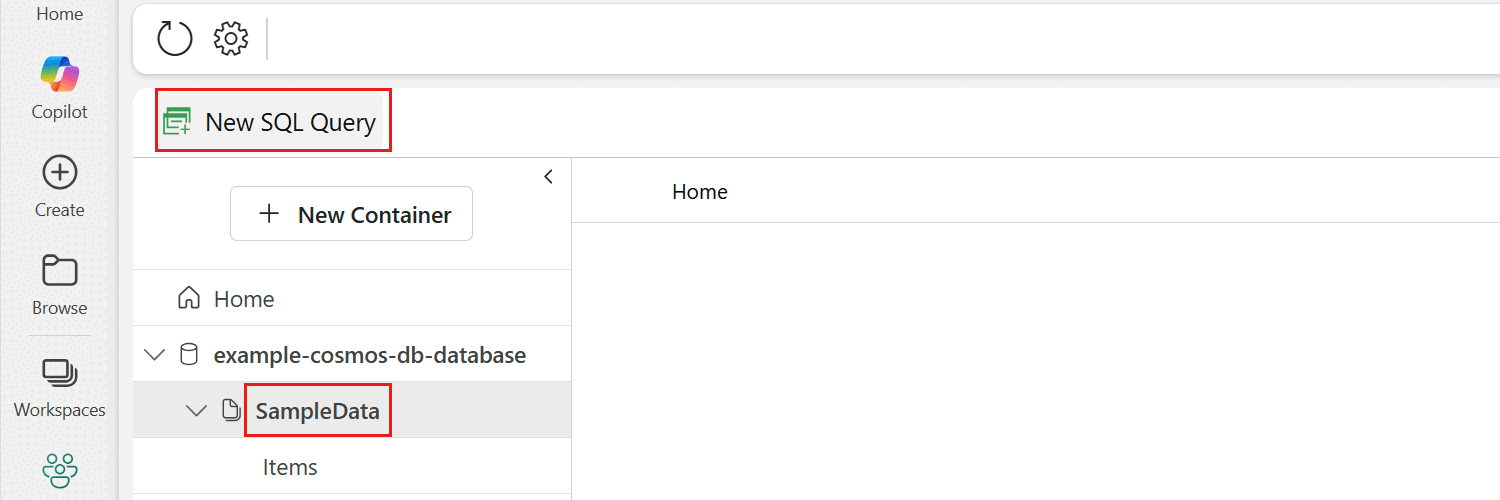 Screenshot of the option to create a 'New SQL Query' for a container within the Fabric portal.