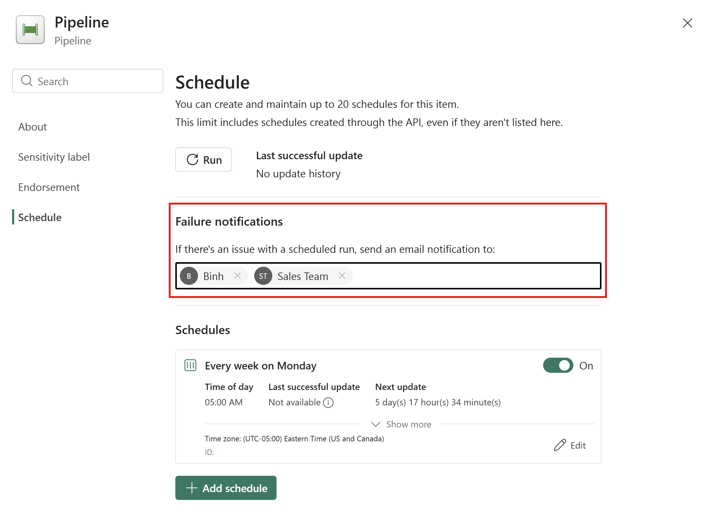 Screenshot of the failure notification field in the Fabric job scheduler pane.