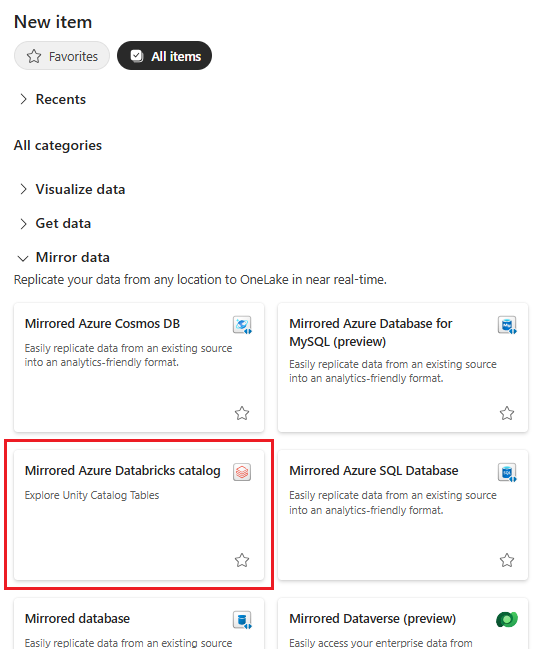 Screenshot from the Fabric portal of a new Azure Databricks mirrored item.