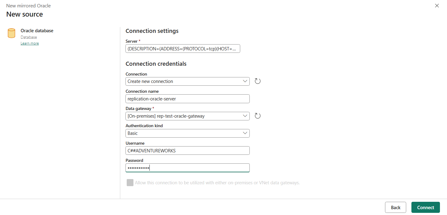 Screenshot of Oracle connection setup screen showing fields for server, connection name, and data gateway configuration.