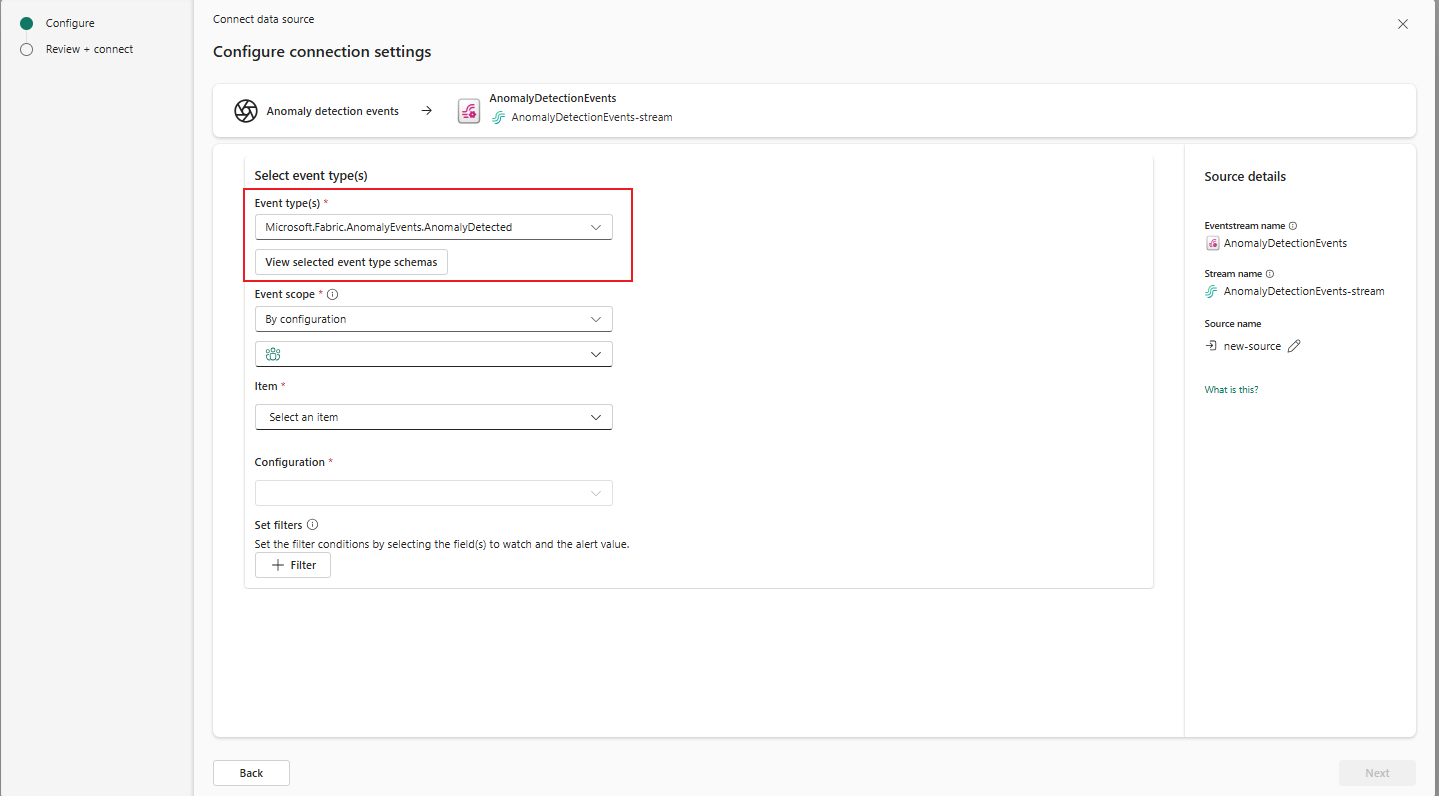 Screenshot that shows the selection of Anomaly detection events types on the Connect page.