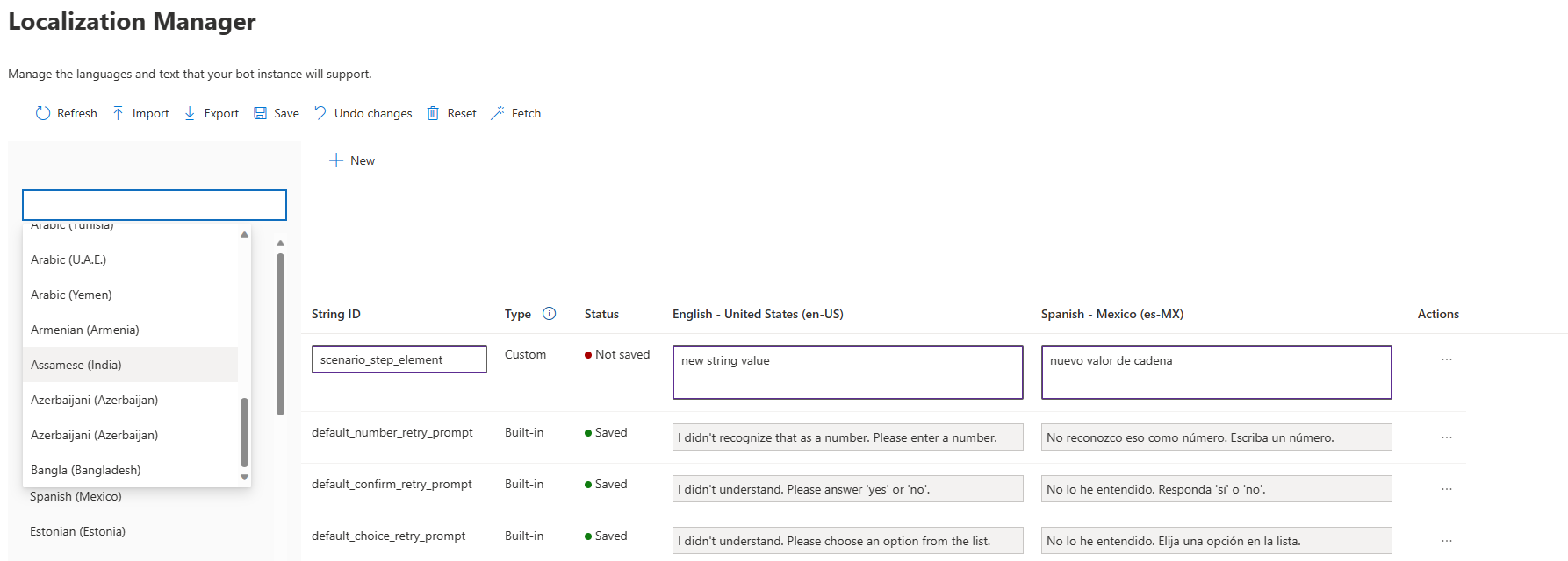 A screenshot of the localization manager creating new localizations