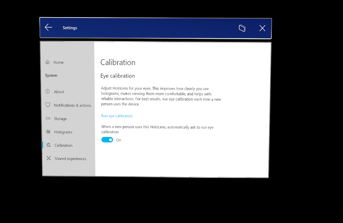 The Settings app, showing the Run eye calibration option.