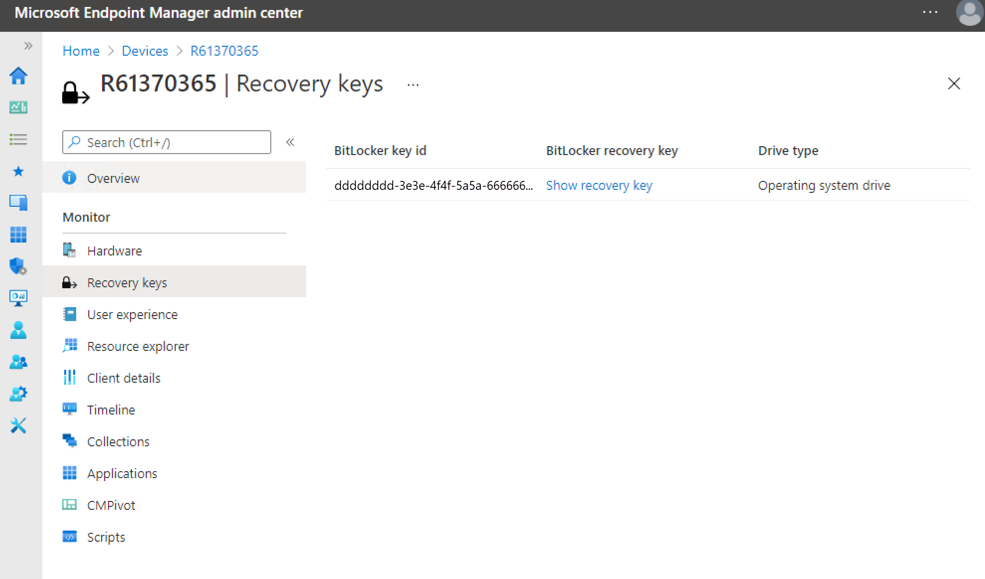 Recovery Keys pane in the Microsoft Intune admin center.
