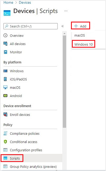 Screenshot that shows creating a new script for a Windows device.