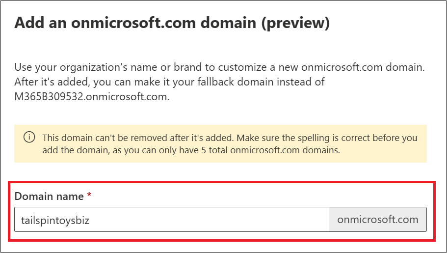 Screenshot of Add onmicrosoft domain.