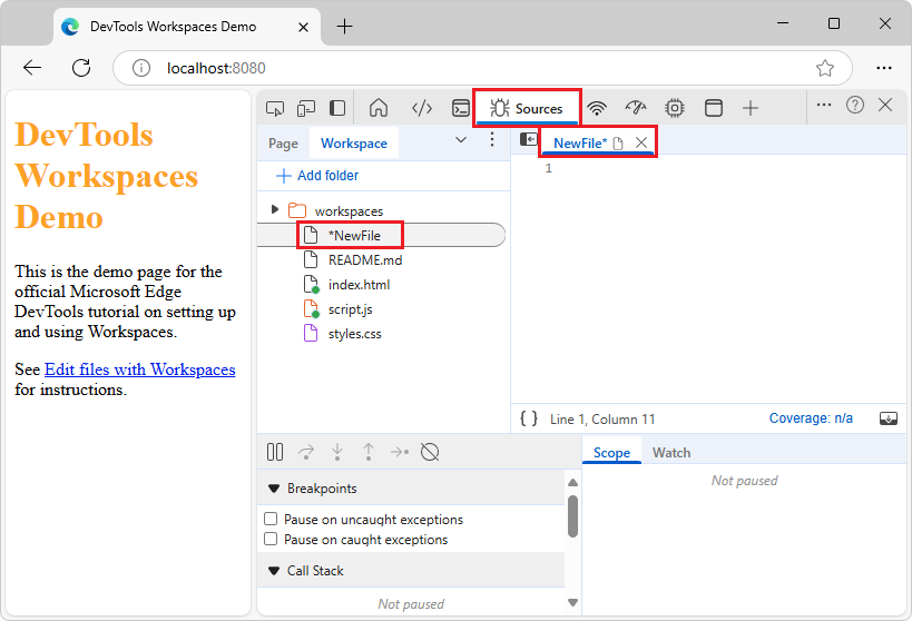 A new file added via the Workspace tab