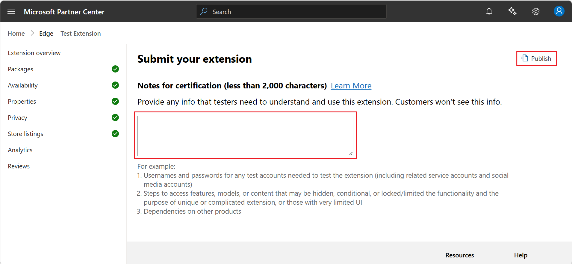 The "Submit your extension" page (the Notes for certification page)