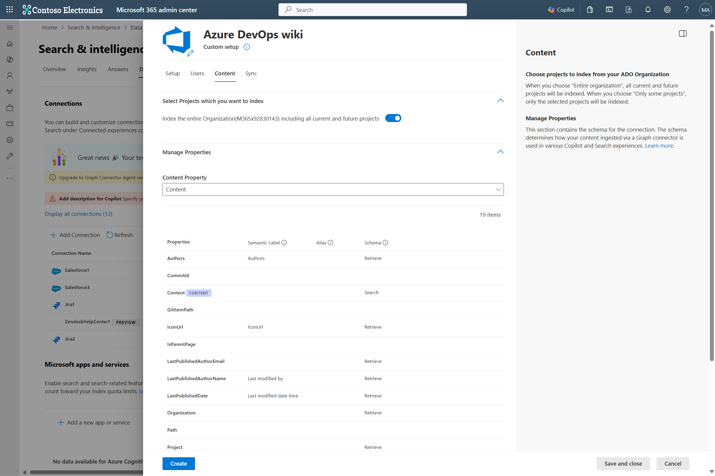 Screenshot that shows Content tab where you can configure projects and connection schema.