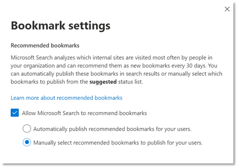 Screenshot of Recommended bookmark settings in the Microsoft 365 admin portal.