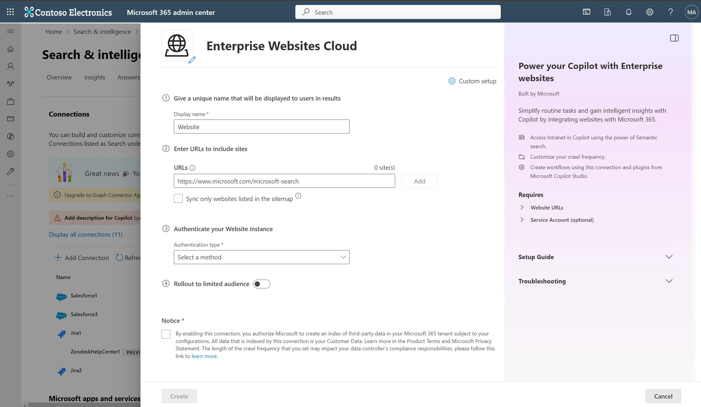 Screenshot that shows connection creation screen for Enterprise Websites cloud Copilot connector.