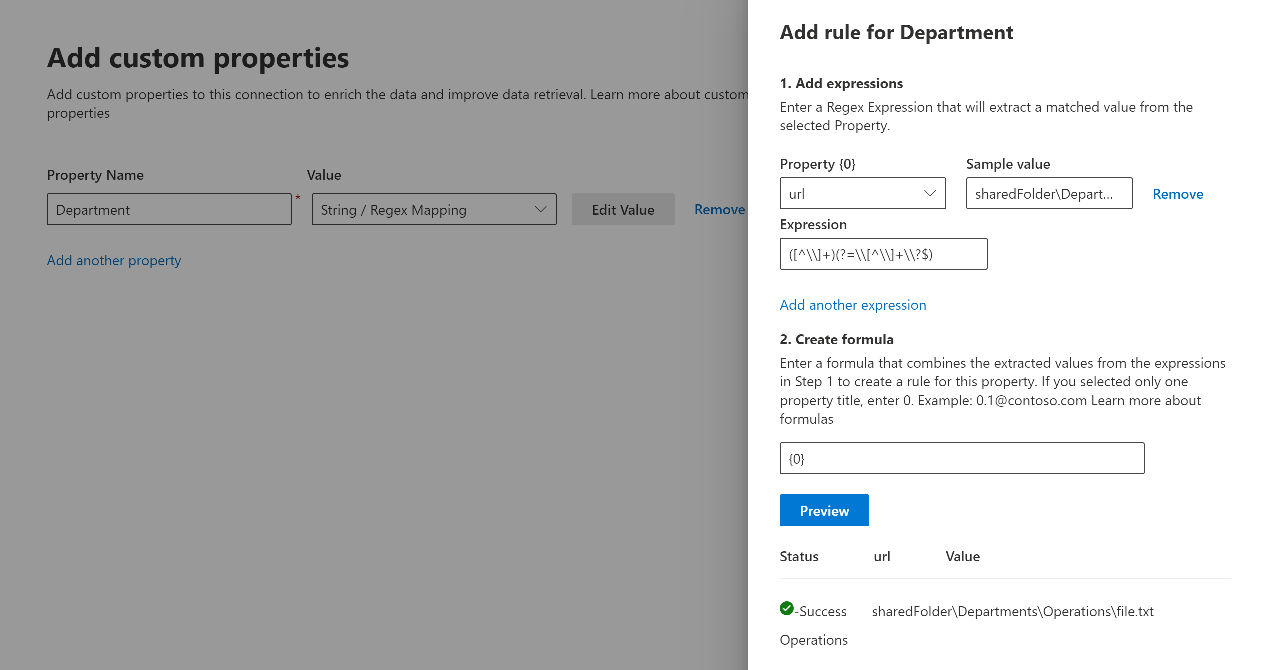 Custom property set up with a rule for URL.