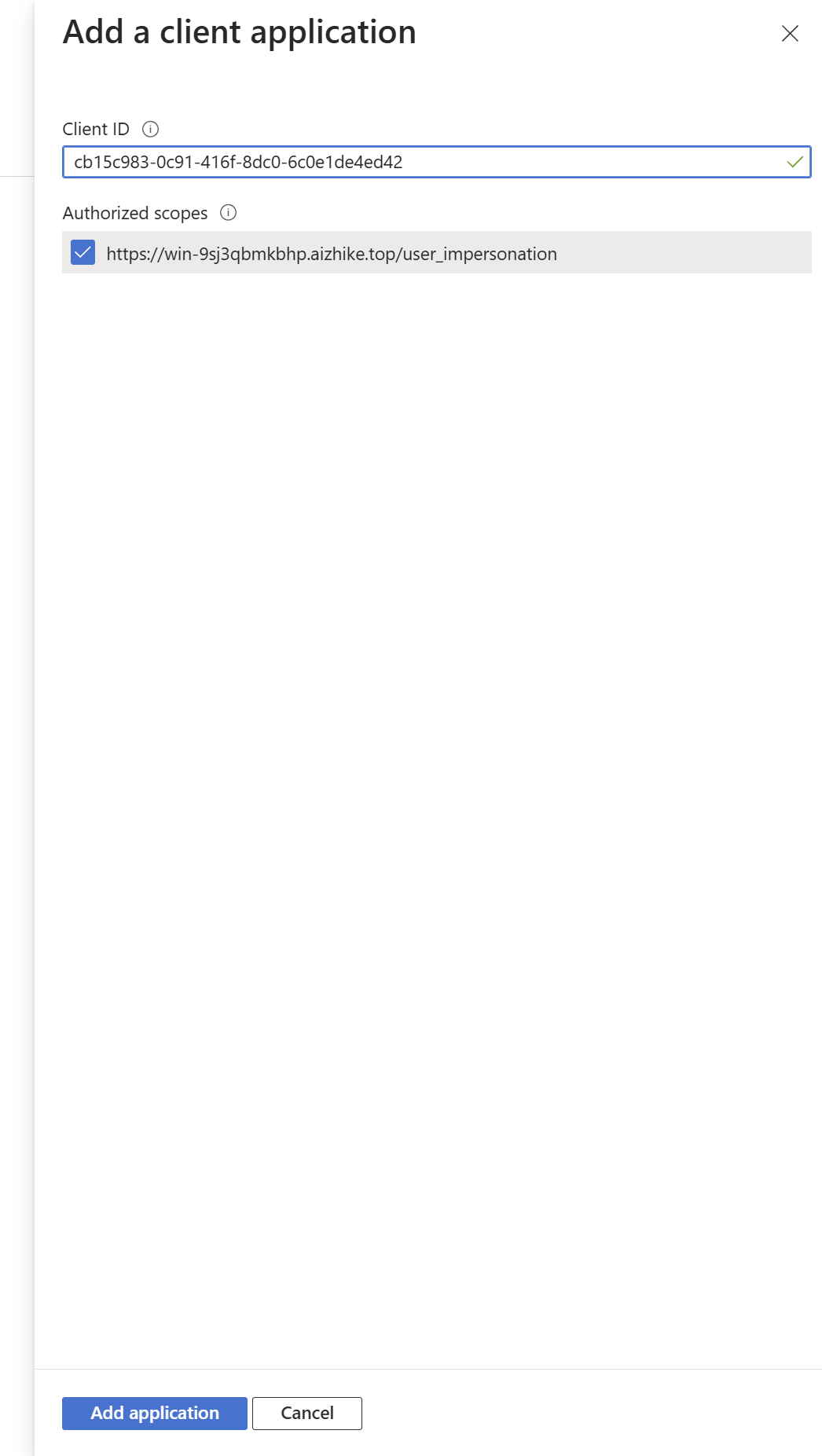 Screenshot that shows how to add client application