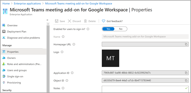 Azure portal showing the google workspace properties.