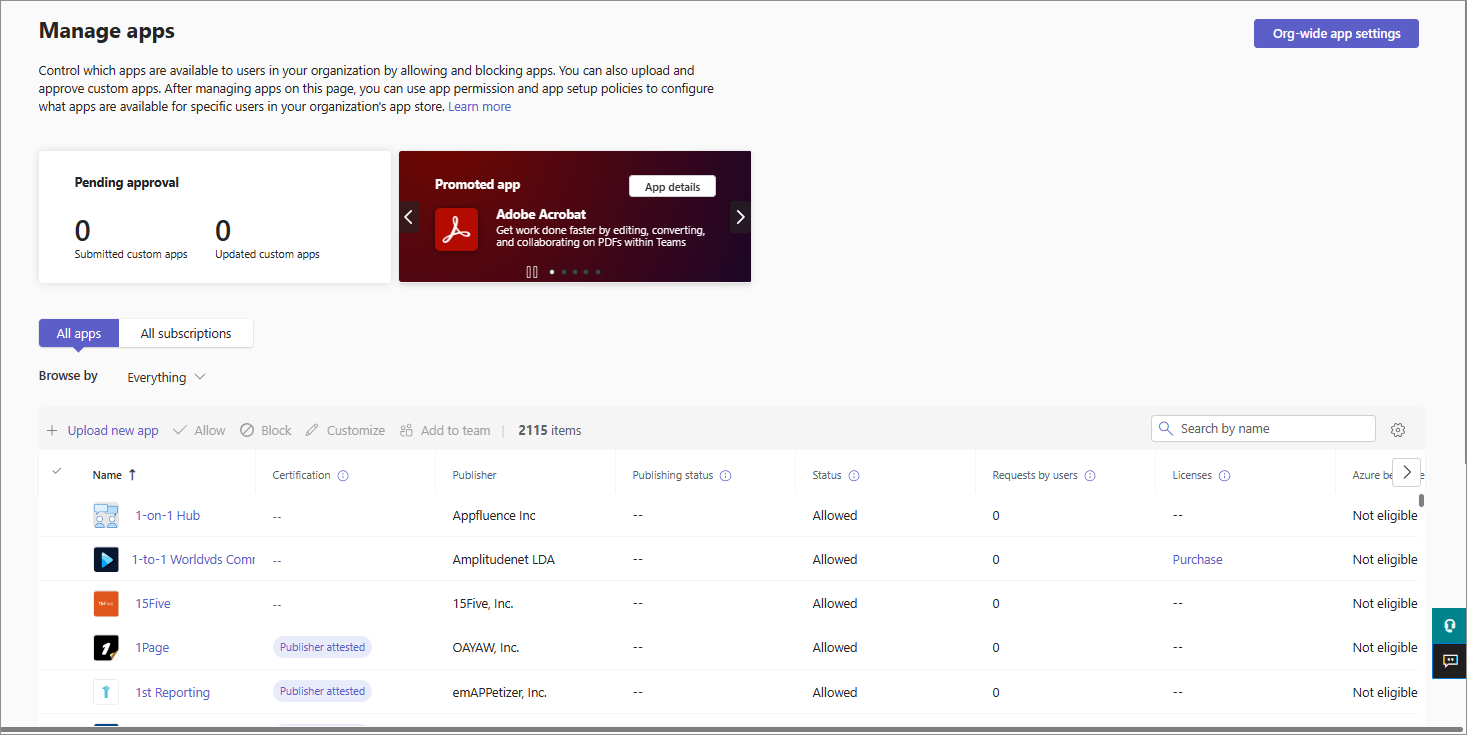 Screenshot showing the Manage apps page in Teams admin center.