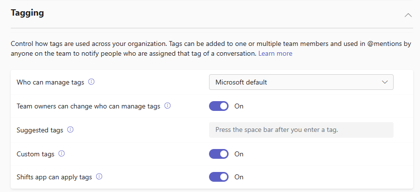 Screenshot of tagging settings in the Microsoft Teams admin center.
