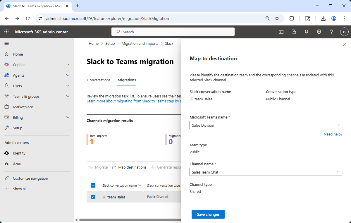 A screenshot of the Map destinations page in the admin center.