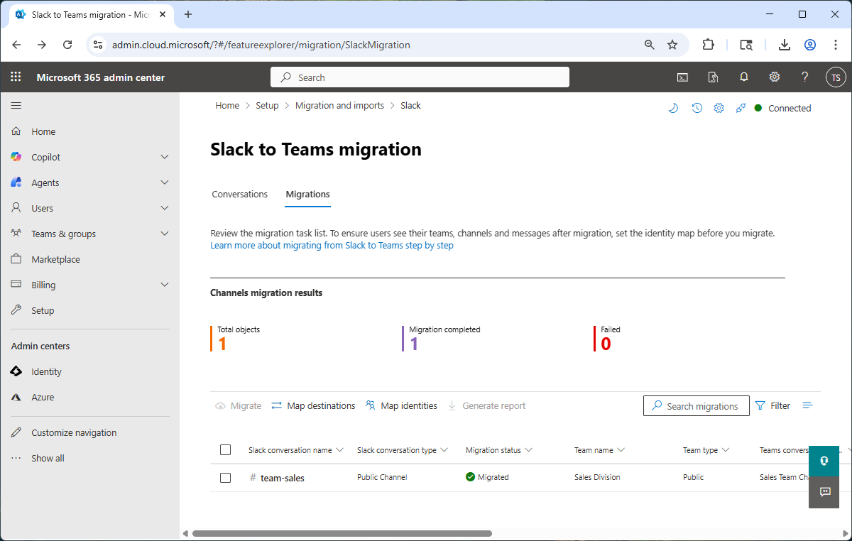 A screenshot showing a completed migration.
