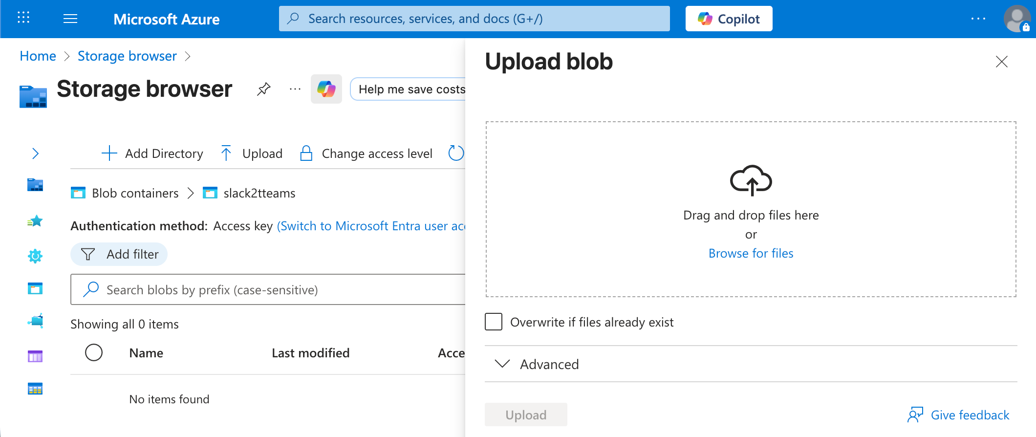 A screenshot showing the upload window for blob containers. The Upload blob window is imposed over the Storage browser pane, with Drag and drop files here or Browse for files as the two options.