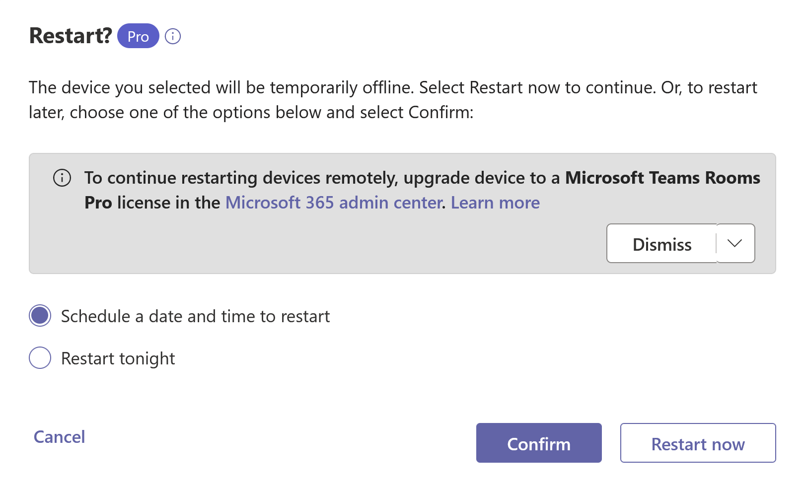 Dialog showing Teams Rooms device restart options.