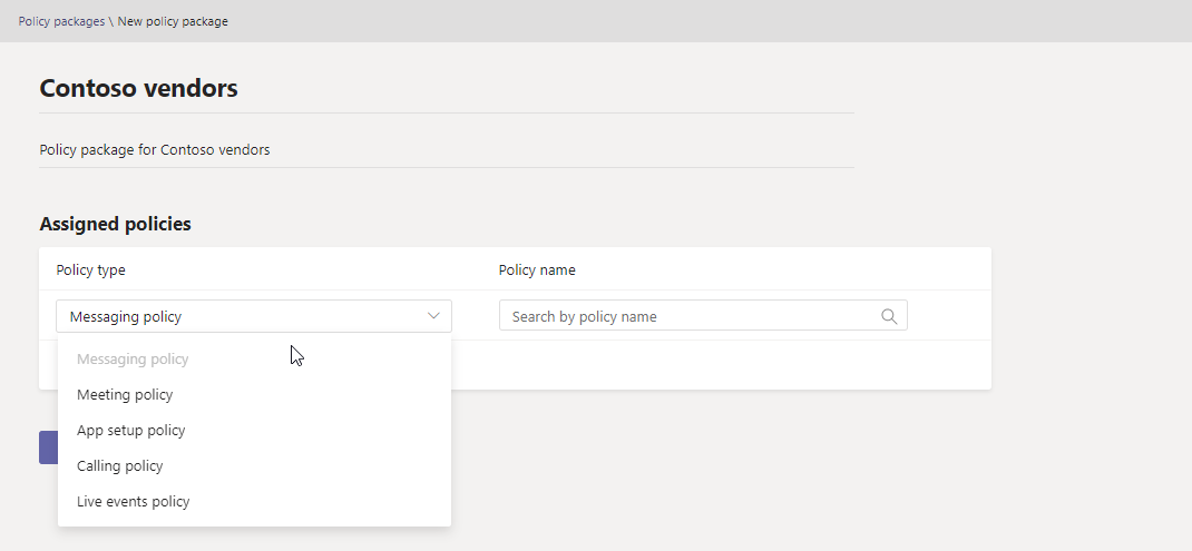 Screenshot of adding a new custom policy package.