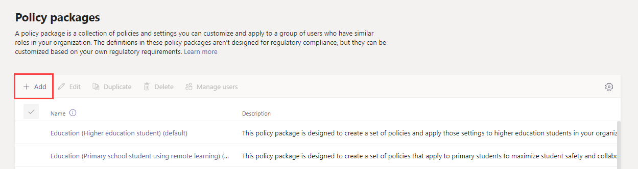 Screenshot of Add button on Policy packages page in the admin center.
