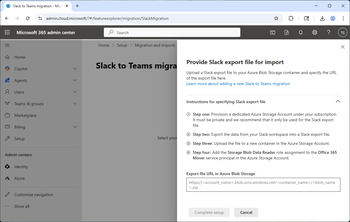 A screenshot showing the layout of the side panel that allows you to upload the Slack export file to the Azure blob storage container.