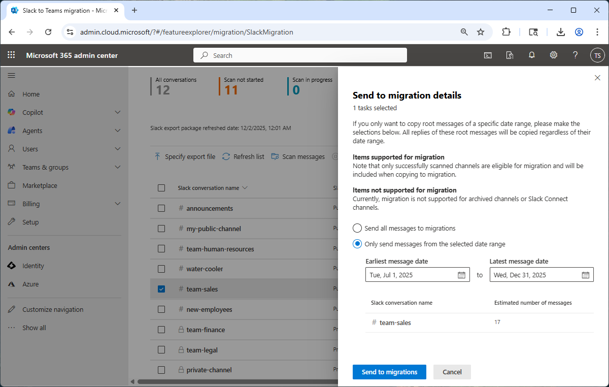 A screenshot of the Send to migration panel on the right-hand side of the Migration page in the admin center.