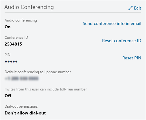 Shows the Audio Conferencing settings for a user.