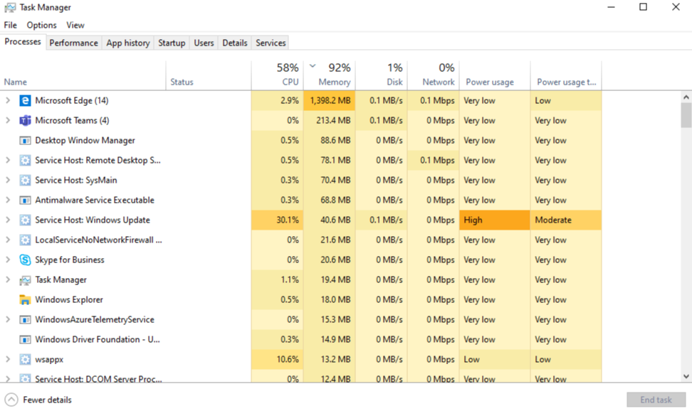 Teams memory usage view in Task Manager.