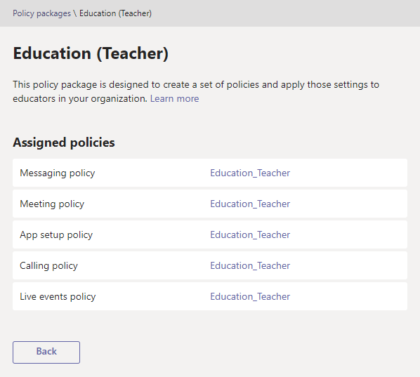 Screenshot of the Education (Teacher) policy package.