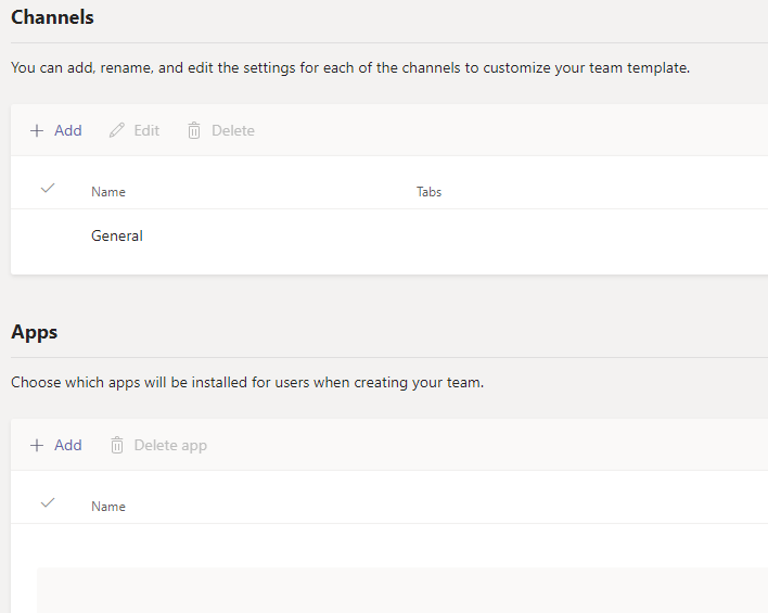 An image of the Team templates channels, tabs, and apps screen.
