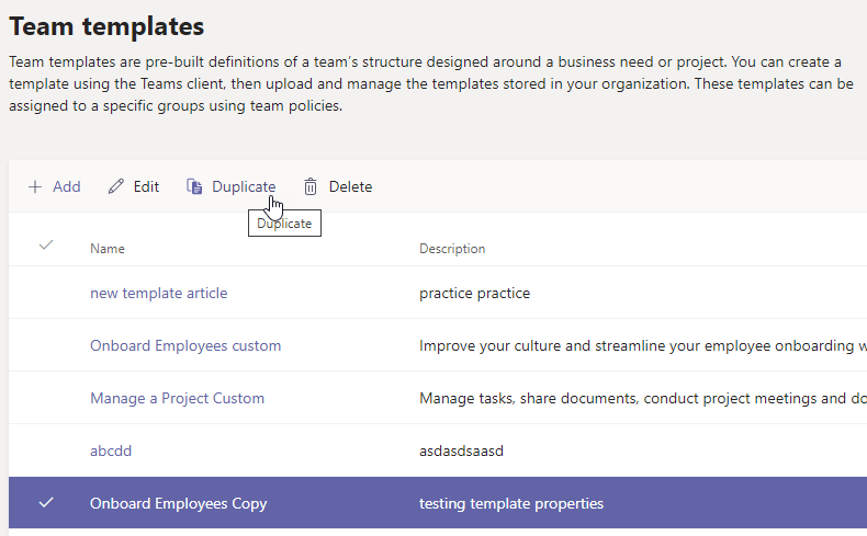 An image of the Team templates dialog with Add highlighted.