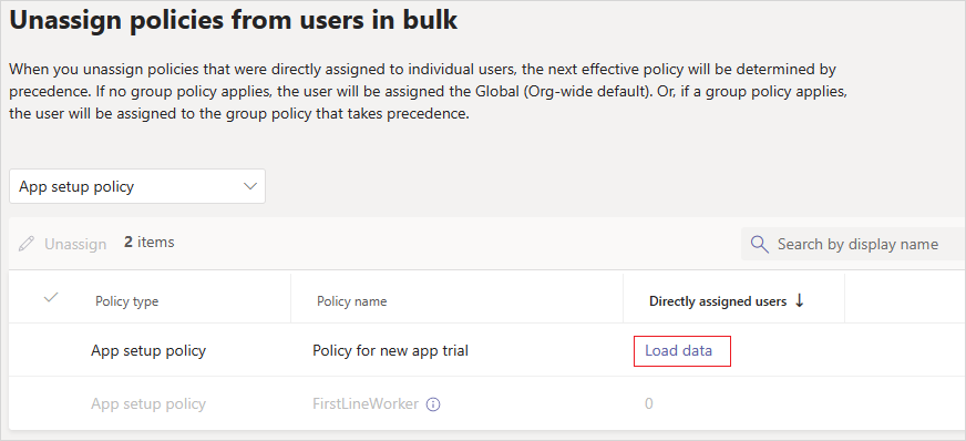 Screenshot of the bulk unassign policies page with the load data option.