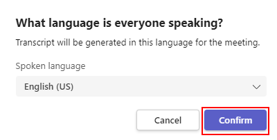 Screenshot shows the dropdown to select a spoken language and a confirm button in Teams meeting.
