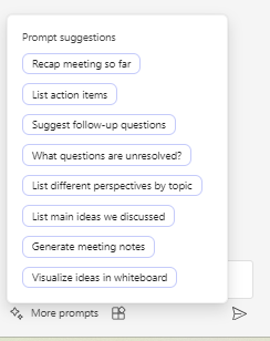 Screenshot shows the list of static prompts available in the copilot pane in a Teams meeting.