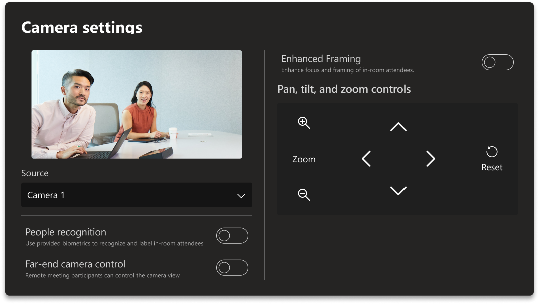 Camera settings on Teams Rooms on Windows.