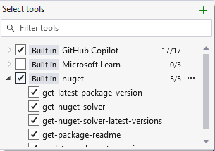 GitHub Copilot Chat Tools window in Visual Studio 2026