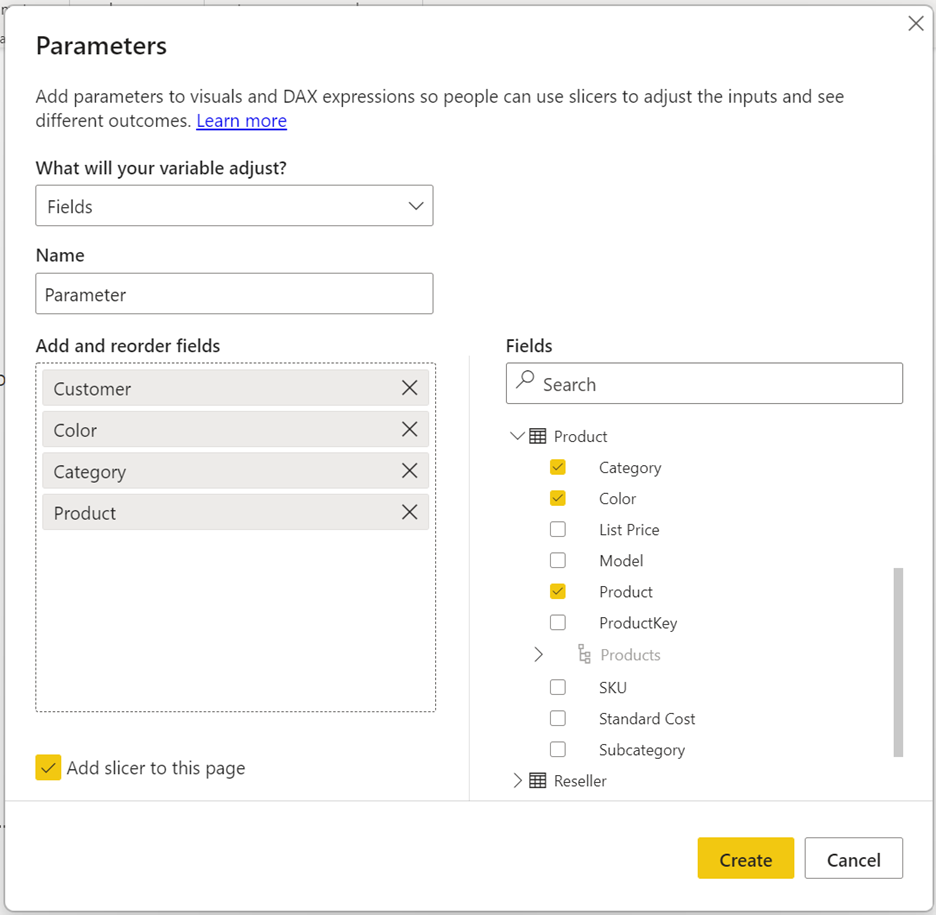 Screenshot of the field parameter setup dialog showing Customer, Color, Category, and Product field selections.