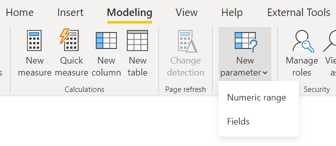 Screenshot of the Modeling ribbon in Power BI Desktop showing the New parameter dropdown with Fields option.