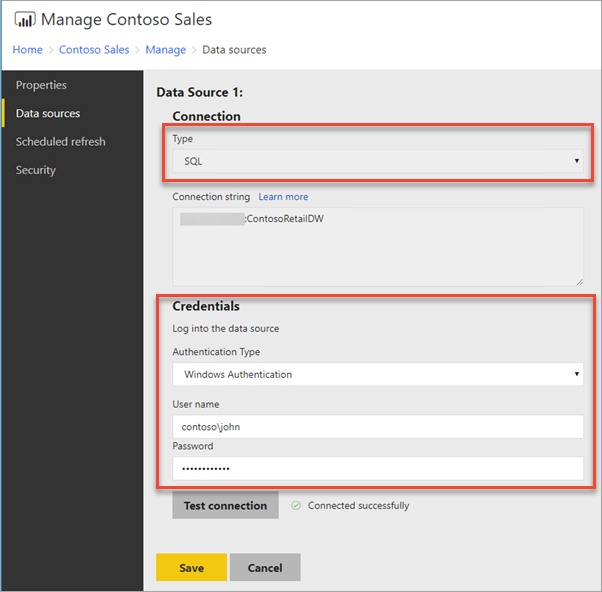 Screenshot showing data source credentials in manage report screen.