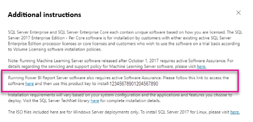 Screenshot of the Additional instructions section showing the Power BI Report Server product key.