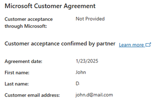 Screenshot that shows the Customer acceptance details provided through the attestation API process.