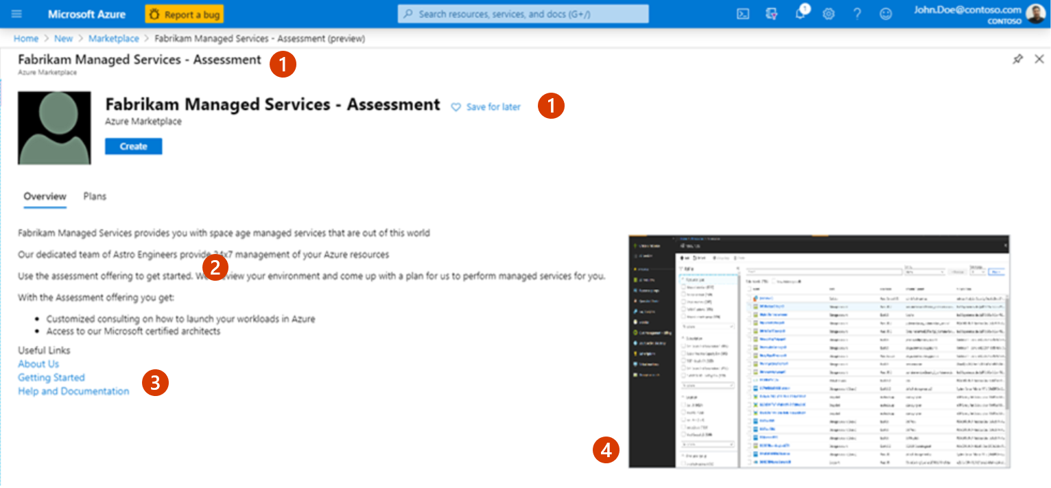 Illustrates an offer listing in the Azure portal (Marketplace within Azure portal).