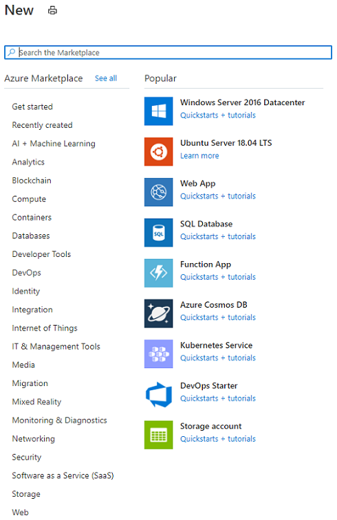 Screenshot showing Marketplace search options within the Azure portal.