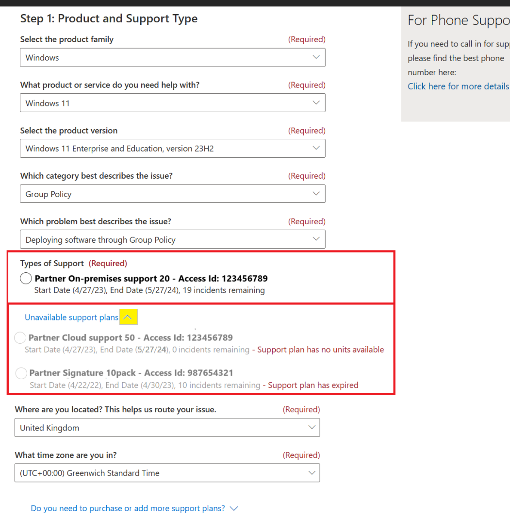 Screenshot that shows the Create a new support request page with Windows 11 selected. In this example, there are no types of support available.
