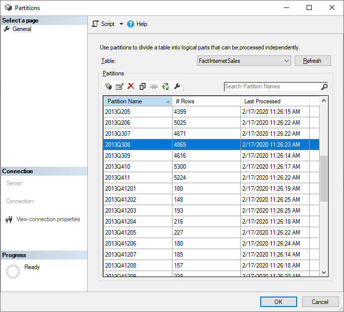 Screenshot of the Partitions window in SSMS.